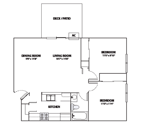 Floor plan for 2 beds, 1 bath, 966 sqft
